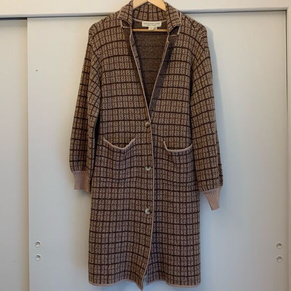 Saltwater Luxe Tan Brown Plaid Neutral Lorelei Long Duster Cardigan Jacket Small - Picture 3 of 6